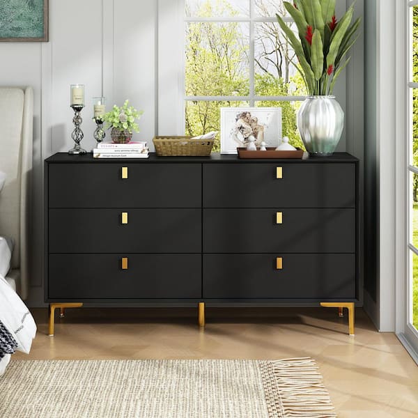 FUFU&GAGA Black Wooden 6-Drawers, 55.1 in. W x 15.7 in. D x 31.1 in. H, Dresser, Chest of Drawers, Vanity, without Mirror