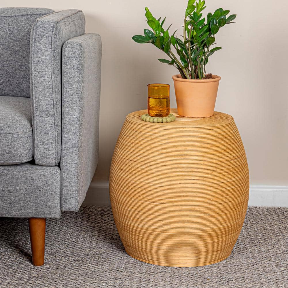 Natural Rattan Round Barrel Accent Table with Wood Frame