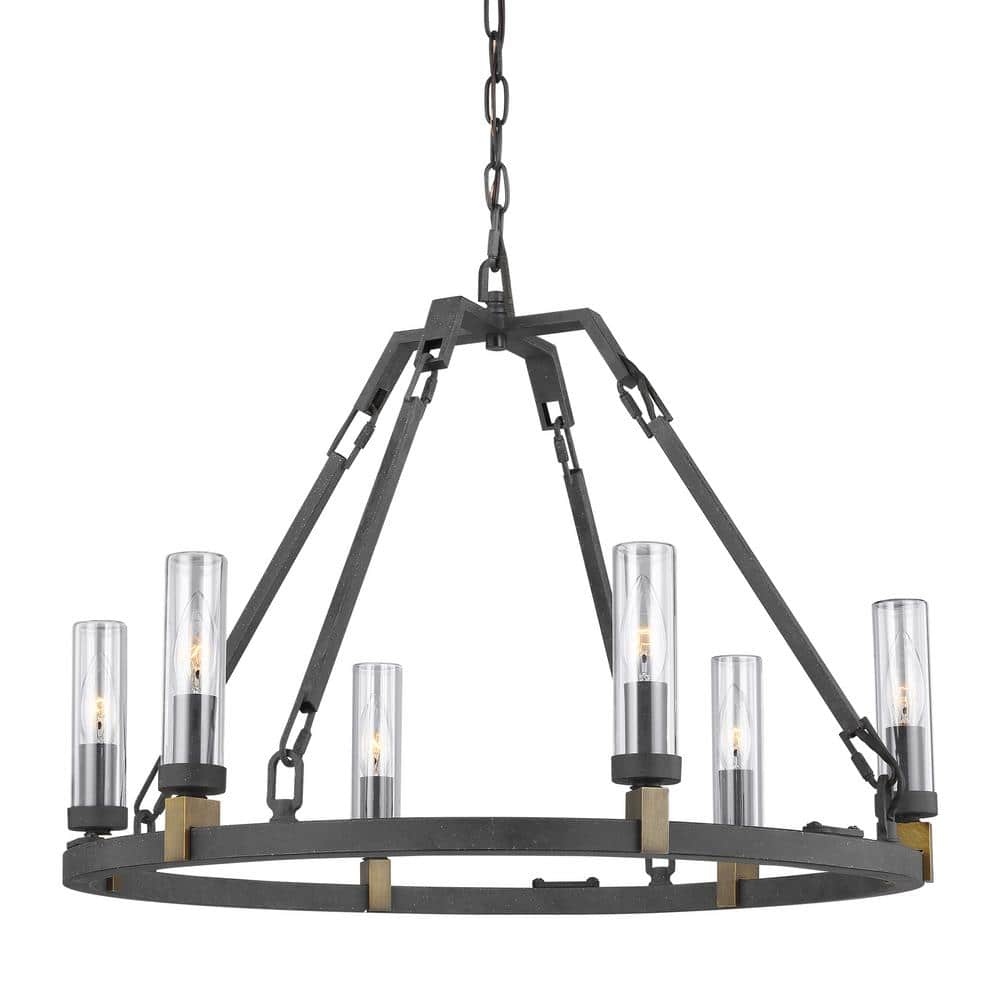 Antique Forged Iron 6-Light Outdoor Brass Candle Chandelier with Clear Glass