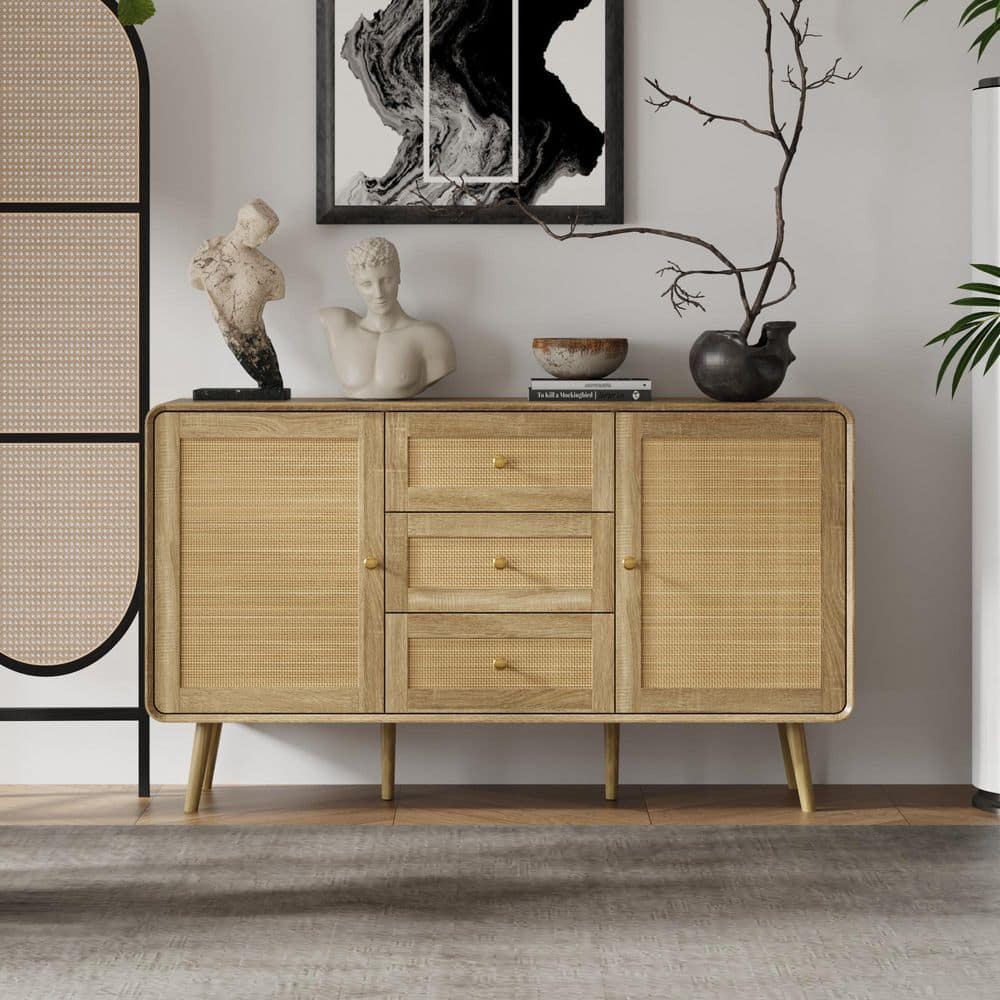 Burly Wood Grain Yellow 3-Drawers 55.1 in. Width Chest of Drawers, Dresser with 4-Shelves, 2-Doors and Rattan Surface price history on PriceWatchPro