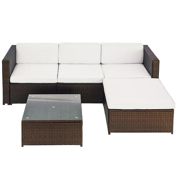 FORCLOVER 5-Piece Wicker Patio Conversation Set with Beige Cushions
