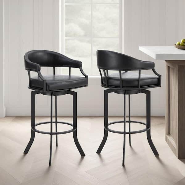 Armen Living Pharaoh Swivel 26" Black Powder Coated and Black Faux Leather Metal Bar Stool