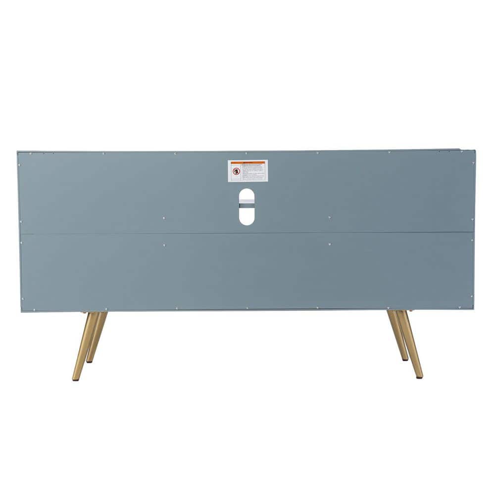 Teal Green and Gold Rattan Media Console with Adjustable Shelves