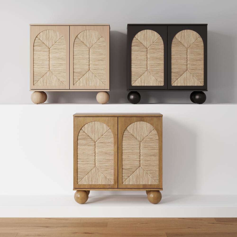 Leah Light Brown Bohemian Seagrass Cabinet with Solid Wood Legs
