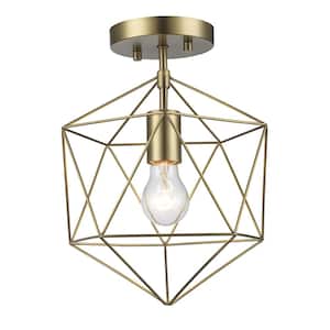 Winfield 9.5 in. 1-Light Gold Semi-Flush Mount Ceiling Light Fixture with Geometric Cage