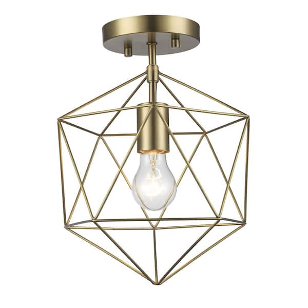 Hampton Bay Winfield 9.5 in. 1-Light Gold Semi-Flush Mount Ceiling Light Fixture with Geometric Cage