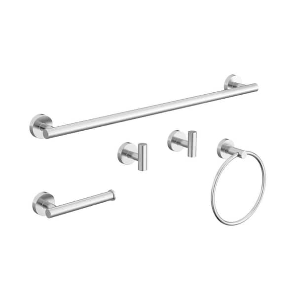 5-Piece Bath Hardware with Towel Bar Towel Hook Toilet Paper Holder and Towel Ring Set in Polished Chrome
