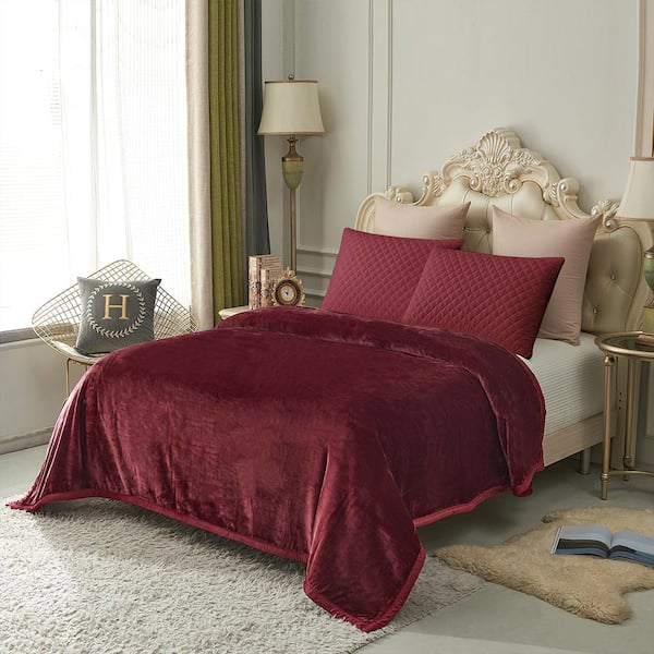 JML Burgundy Reversible Microfiber Fleece Blanket 79 in. x 91 in. Fuzzy Cozy Bed Blanket for Couch Camping