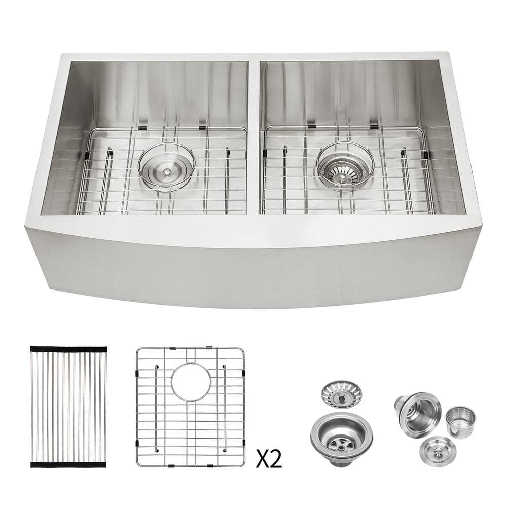 33 in. Farmhouse/Apron-Front Double Bowl 18 Gauge Brushed Nickel Stainless Steel Kitchen Sink with Bottom Grids