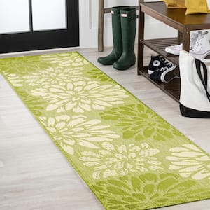 Zinnia Modern Floral Textured Weave Green/Cream 2 ft. x 10 ft. Indoor/Outdoor Area Rug