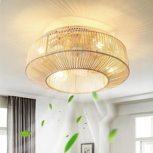 20 in. 4-Light Indoor Gold Rattan Ceiling Fan with Light Kit and Remote Control Flush Mount
