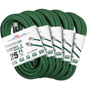 25 ft. 14-Gauge/3-Conductors SJTW 15 Amp Indoor/Outdoor Extension Cord with Lighted End Green (5-Pack)