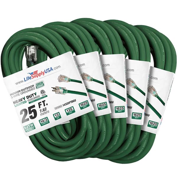 LifeSupplyUSA 25 ft. 14-Gauge/3-Conductors SJTW 15 Amp Indoor/Outdoor Extension Cord with Lighted End Green (5-Pack)