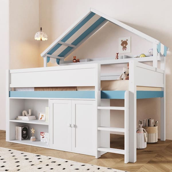 Dark White+Blue Full Size Loft Bed with Canopy Roof, Storage Cabinet