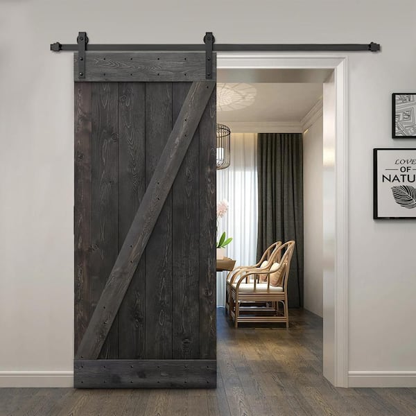 36 in. x 84 in. Distressed Z Series Charcoal Black Solid with Hardware Kit Knotty Pine Wood Interior Sliding Barn Door