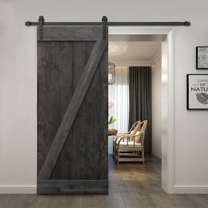 24 in. x 84 in. Z Bar Charcoal Black Stained Solid Knotty Pine Wood Interior Sliding Barn Door with Sliding Hardware Kit
