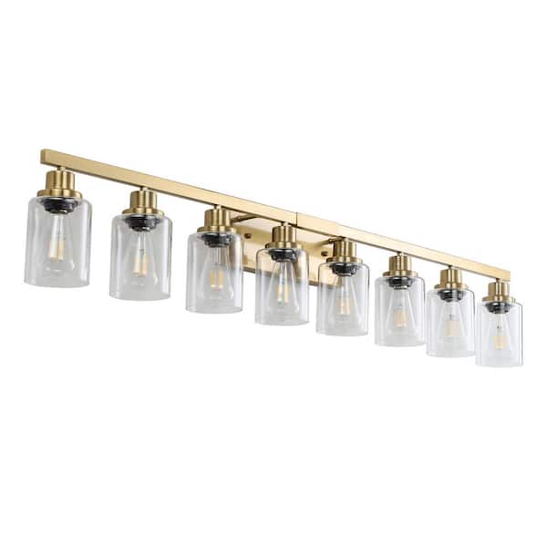 Modern 51 in. 8-Light Gold Vanity Light Wall Sconce with Clear Glass Shades