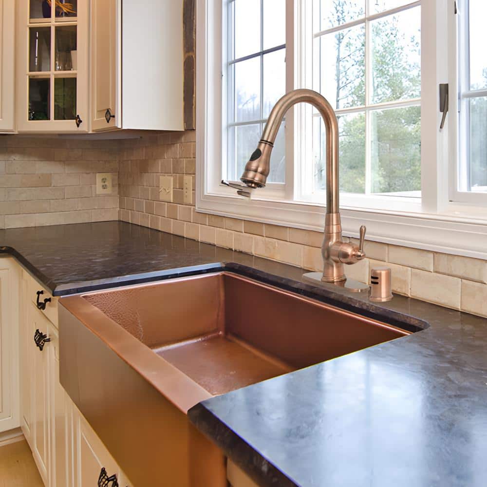 Antique Copper Single Handle Pull-Down Kitchen Faucet with Deck Plate