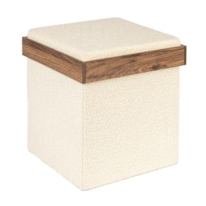 Cream Boucle Fabric Square Hidden Storage Ottoman