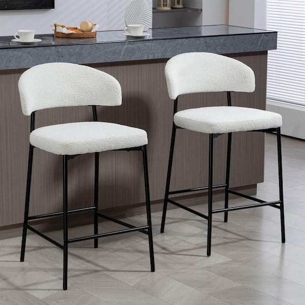Glamour Home Bennett White Boucle Upholstered Fabric Counter Height Bar Stool with Black Iron Legs, (Set of 2)