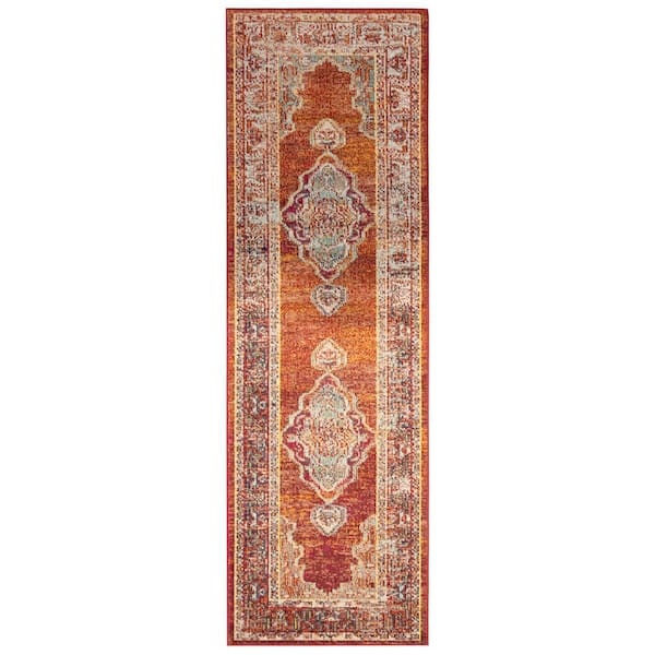 Crystal 2 ft. x 13 ft. Orange/Light Blue Border Medallion Runner Rug