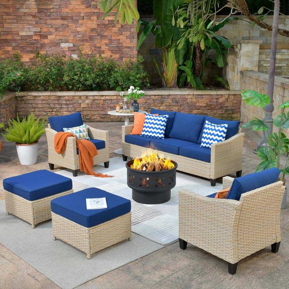 Oconee 6-Piece Wicker Outdoor Patio Conversation Sofa Seating Set with a Wood-Burning Fire Pit and Navy Blue Cushions -  HOOOWOOO, WFP-DAR706