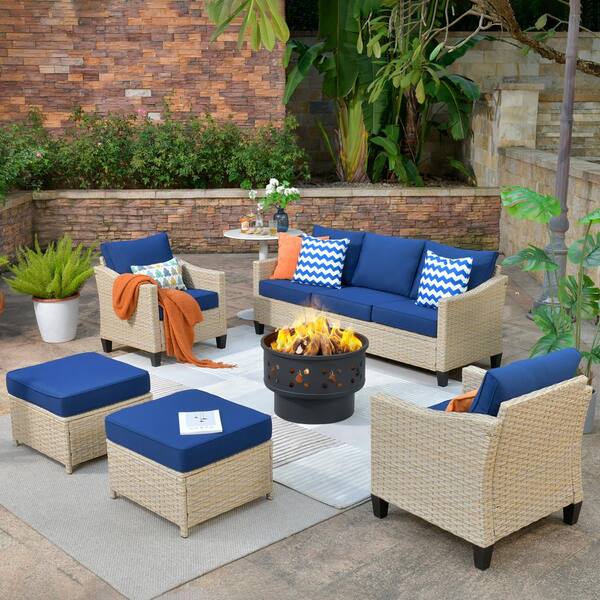 HOOOWOOO Oconee 6-Piece Wicker Outdoor Patio Conversation Sofa Seating Set with a Wood-Burning Fire Pit and Navy Blue Cushions