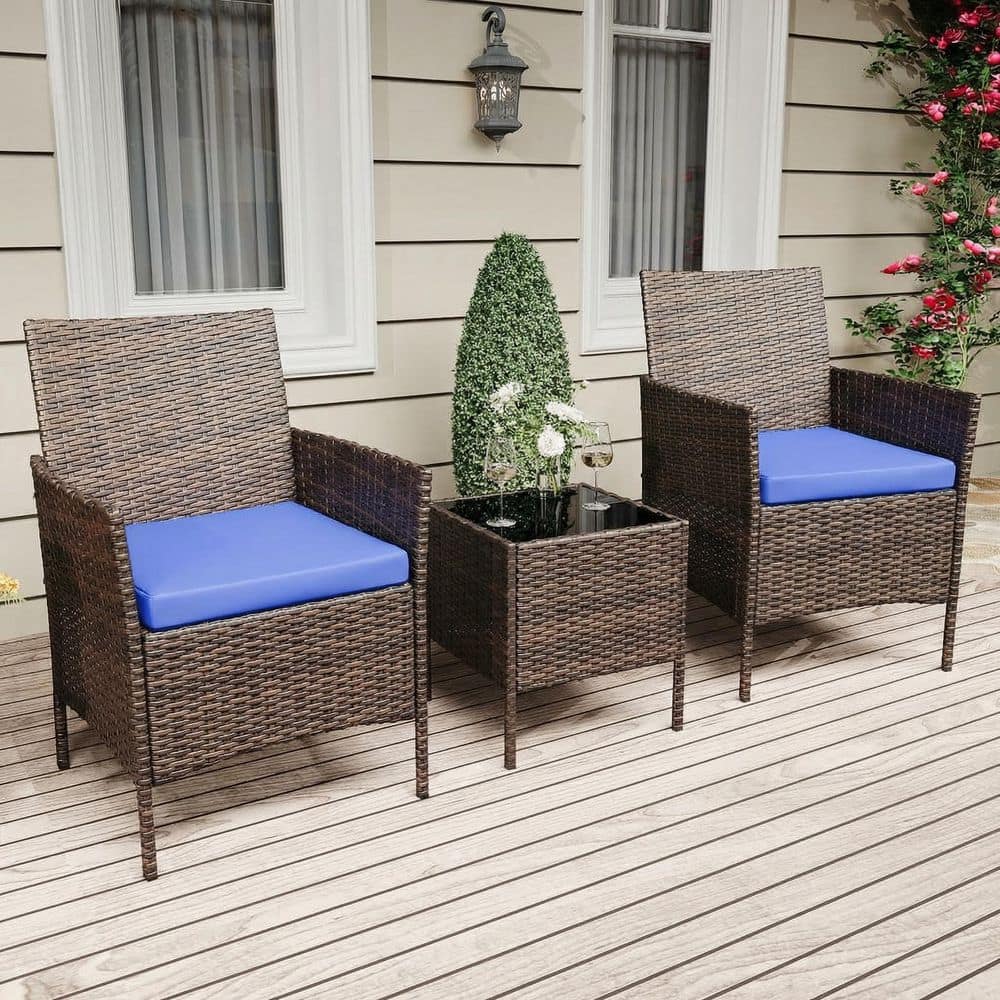 All-Weather Outdoor Brown 3-Piece Wicker Patio Conversation Set with Soft Polyester Blue Cushions price history on PriceWatchPro