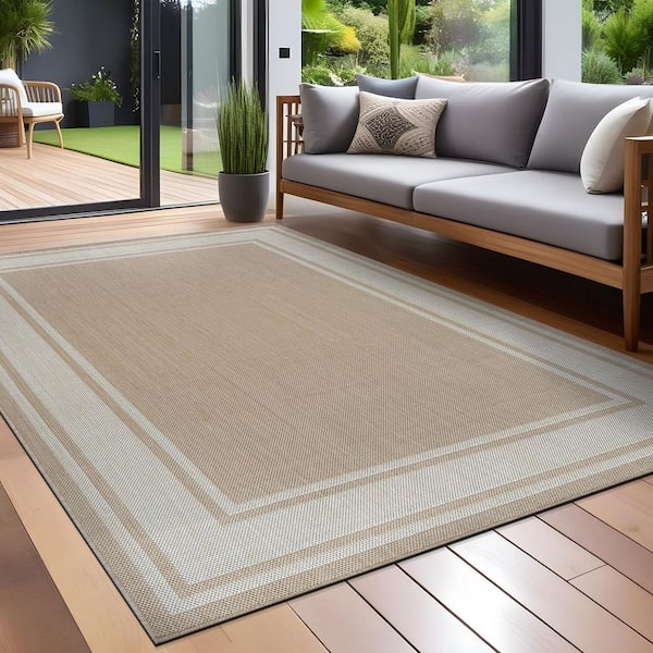 Essence Beige/White 9 x 12 ft. Bordered Easy to Clean Indoor Outdoor Area Rug
