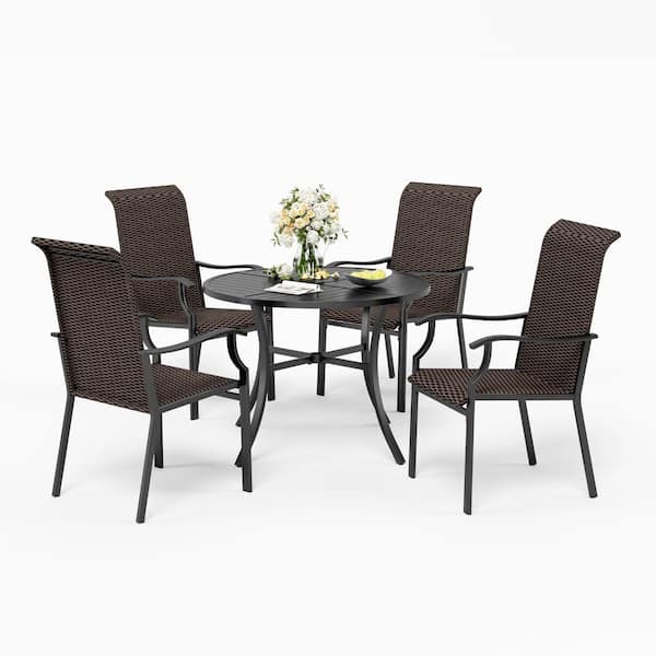 PHI VILLA 5-Piece Rattan Patio Outdoor Dining Set with Round Table and Wave Armrest High-back Chairs
