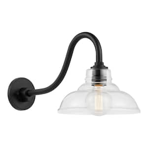 Easton 11 in. 1-Light Matte Black Barn Outdoor Wall Light Lantern Sconce with Clear Glass Shade