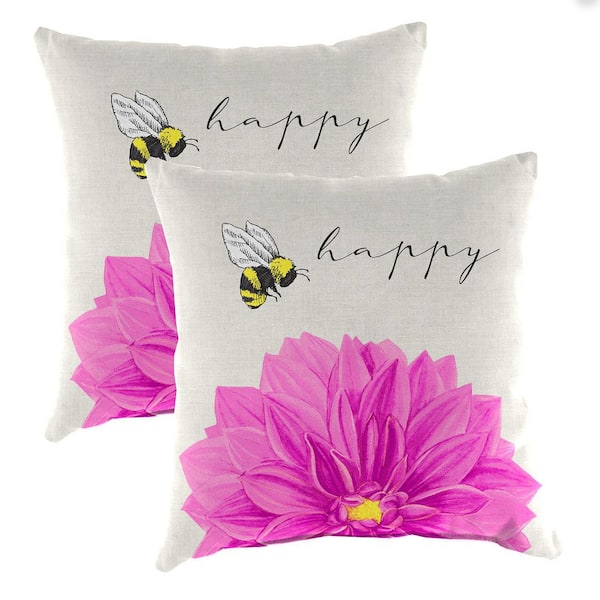 Jordan Manufacturing 14 in. L x 14 in. W x 4 in. T Square Outdoor Throw Pillow in Bee Happy Flower (2-Pack)