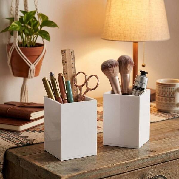 2 Pack 4.3 in. White Acrylic Pen Holder, Desktop Pencil Cup