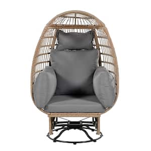 Natural Wicker Outdoor Rocking Chair 360° Swivel Chair Balcony Poolside Egg Chair with Rocking Function, Gray Cushion