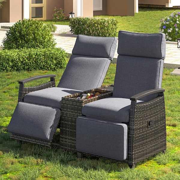 Sudzendf 2-Piece Adjustable Backrest Wicker Outdoor Chaise Lounge Chair Set with Gray Cushions