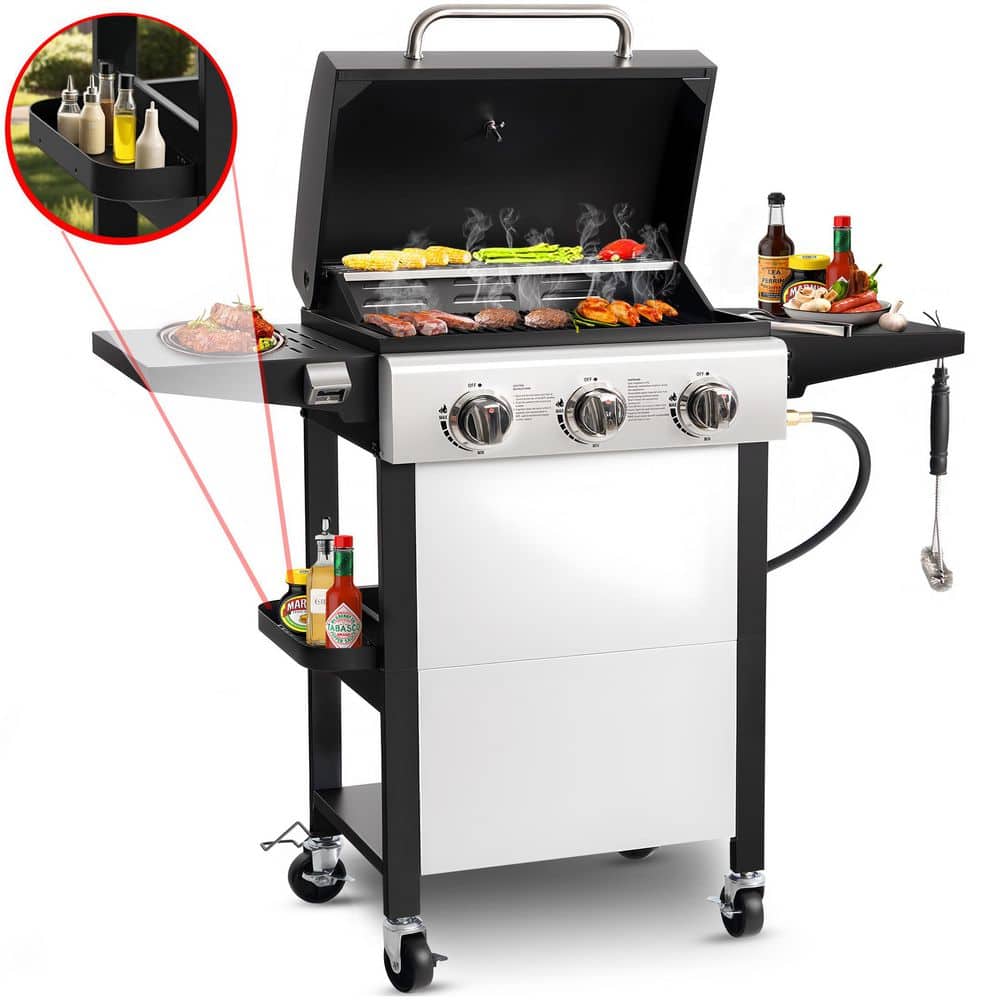 30,000 BTU 3-Burner Outdoor BBQ Portable Propane Gas Grill in Stainless Steel Silver With 2-Side Tables, 4-Wheel Casters
