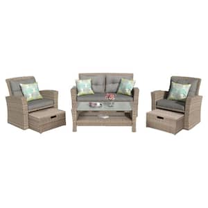 Patio Sofa Set 4 Piece Wicker Patio Conversation Set All Weather Sectional Sofa with Ottoman and Gray Cushions