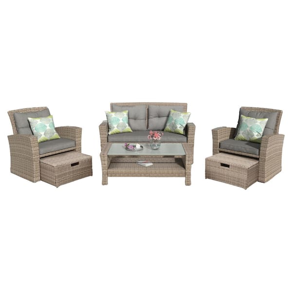 Unbranded Patio Sofa Set 4 Piece Wicker Patio Conversation Set All Weather Sectional Sofa with Ottoman and Gray Cushions
