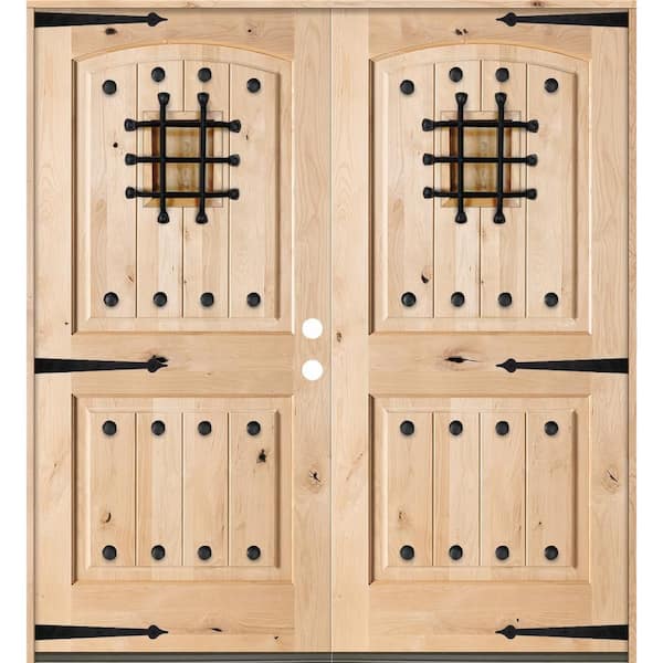 72 in. x 96 in. Mediterranean Knotty Alder Arch Top Unfinished Left-Hand Inswing Wood Double Prehung Front Door