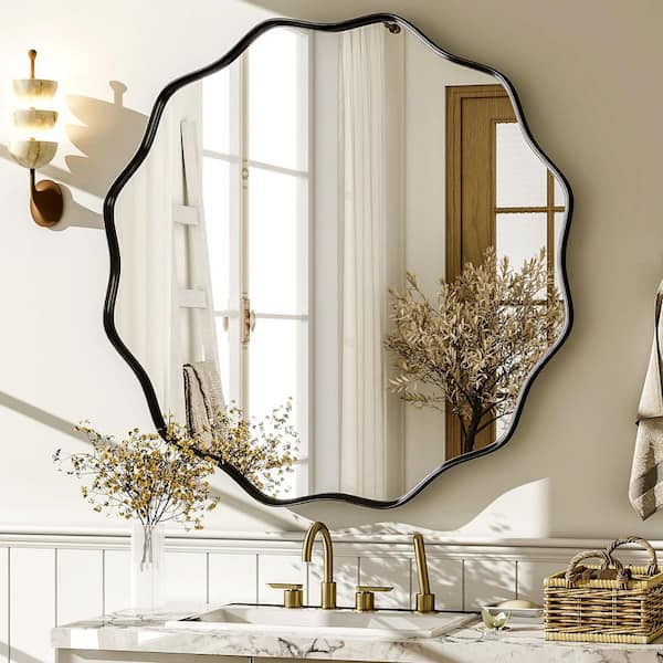 Black 36 in. W x 36 in. H Round Modern Aluminum Alloy Deep Framed with Decorative Border Vanity Mirror Wall Mirror