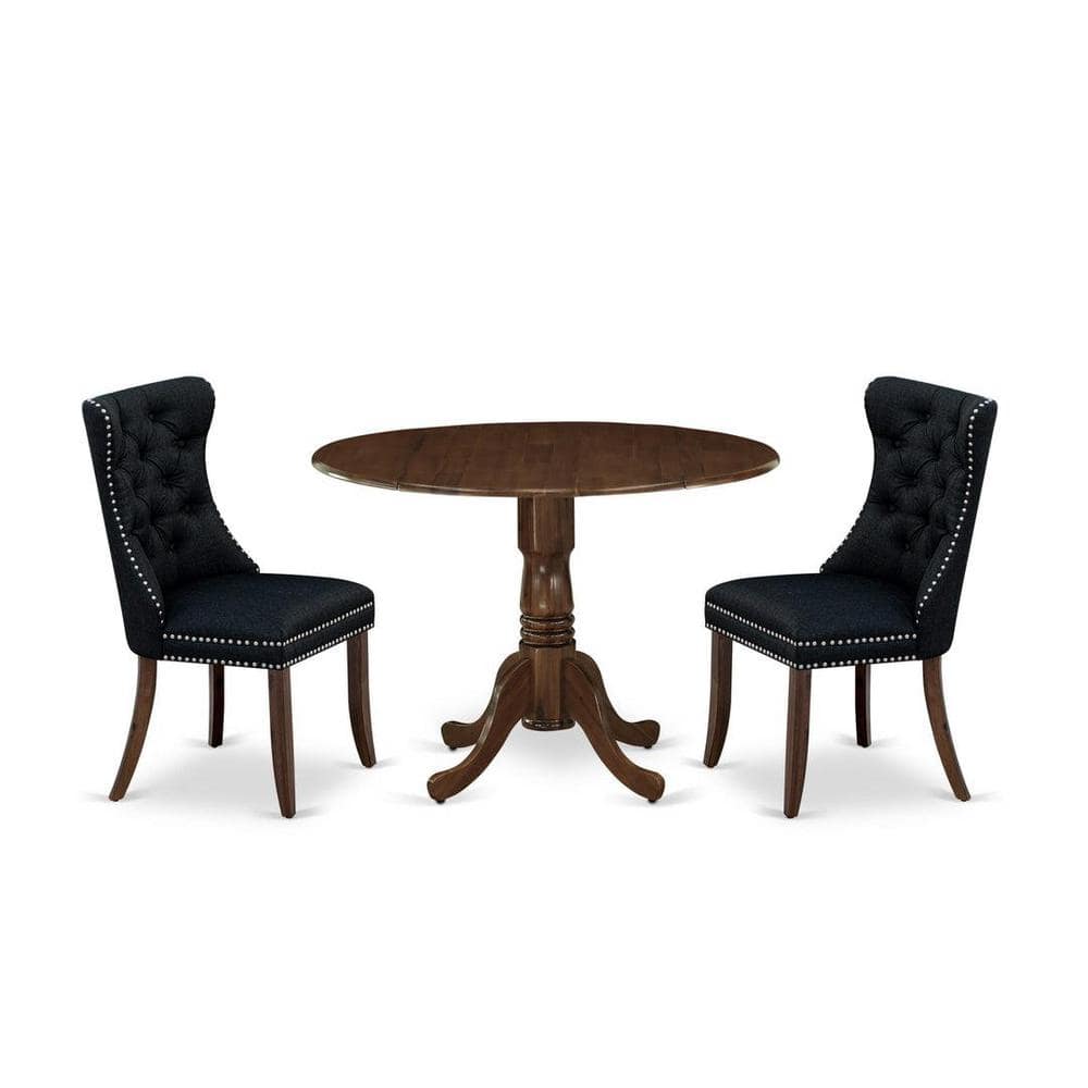 3-Piece Antique Walnut Finish Solid Wood Top-Round Upholstered Dining Room Set with Dropleaf-Seats 4