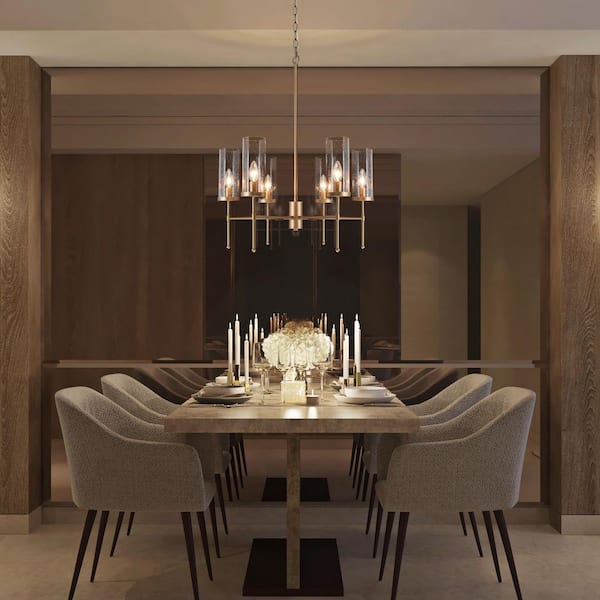 Modern Satin Gold Island Chandelier 6-Light Transitional Candlestick Linear Chandelier with Seeded Glass Shades