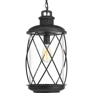 Hollingsworth Collection 1-Light Textured Black Clear Seeded Glass Farmhouse Outdoor Hanging Lantern Light