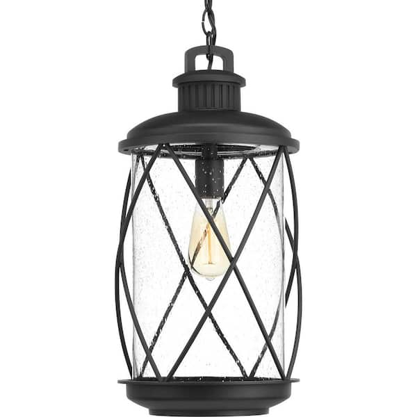 Progress Lighting Hollingsworth Collection 1-Light Textured Black Clear Seeded Glass Farmhouse Outdoor Hanging Lantern Light