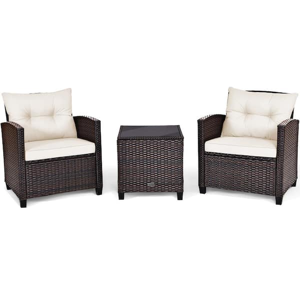 Gtnali Outdoor 3-Piece Wicker Patio Conversation Set with Glass Top Coffee Table and White Cushion