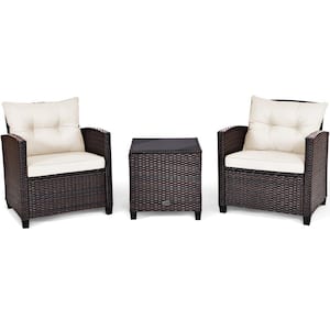 Outdoor 3-Piece Wicker Patio Conversation Set with Glass Top Coffee Table and White Cushion