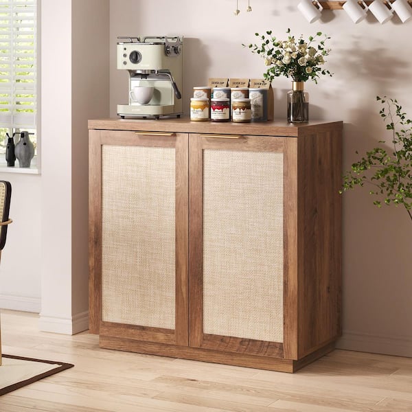 Boho Brown Wood 31. 5in. Wide Sideboard Buffets Storage Cabinet with Rattan Decorated Door