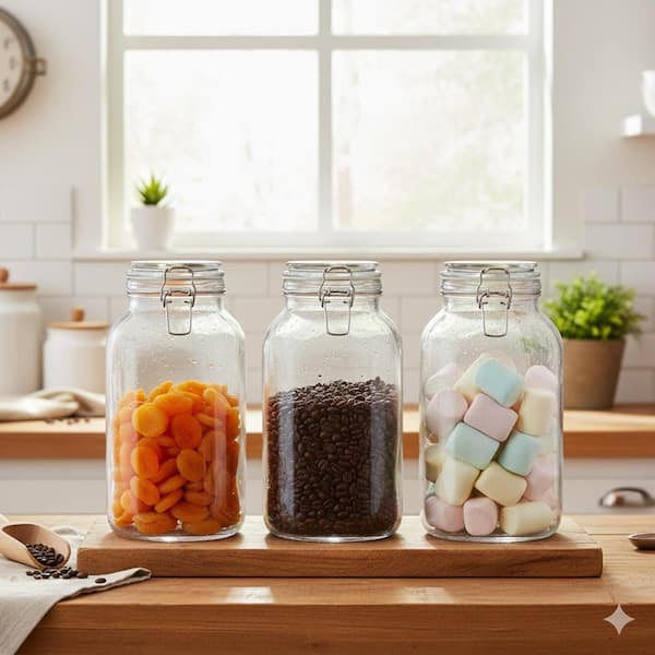 3-Piece Glass Food Storage Canister Set with Airtight Lids Square Kitchen Pantry Jars for Sugar Coffee Flour