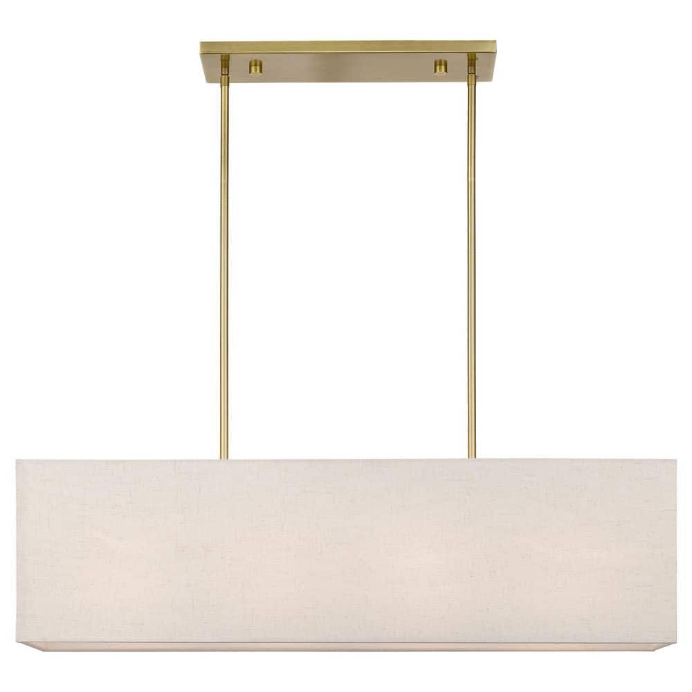 Antique Brass Linear Chandelier with Oatmeal Fabric Shade