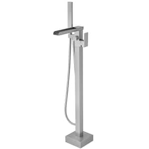 Waterfall Single Handle Floor Mount Freestanding Tub Faucet Bathtub Filler with Hand Shower in Brushed Nickel